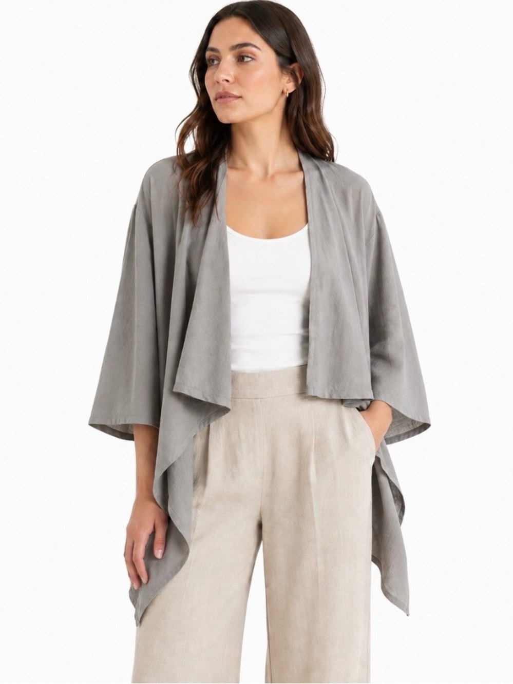 Cut Loose Linen Waterfall Jacket Top M Grey Taupe Lagenlook Cottagecore Boho
